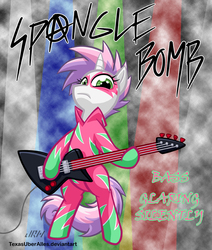 Size: 720x851 | Tagged: safe, artist:texasuberalles, sweetie belle, pony, unicorn, g4, bass guitar, cutie mark crusaders song, female, guitar, looking at you, metal, musical instrument, show stopper outfits, solo