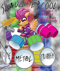 Size: 720x851 | Tagged: safe, artist:texasuberalles, scootaloo, pegasus, pony, g4, bongos, cutie mark crusaders song, cymbals, drum kit, drums, female, hollering, metal, microphone, musical instrument, show stopper outfits, solo