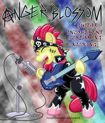 Size: 720x851 | Tagged: safe, artist:texasuberalles, apple bloom, earth pony, pony, g4, cutie mark crusaders song, eyes closed, female, guitar, metal, microphone, screaming, show stopper outfits, solo