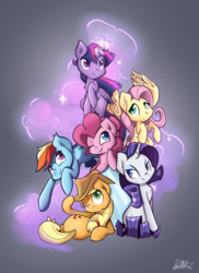 Size: 1024x1405 | Tagged: safe, artist:davidmryan, applejack, fluttershy, pinkie pie, rainbow dash, rarity, twilight sparkle, alicorn, pony, g4, crystal, magic, mane six, twilight sparkle (alicorn)