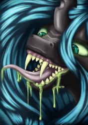 Size: 1240x1754 | Tagged: dead source, safe, artist:crystallinepone, queen chrysalis, g4, drool, fangs, female, solo, tongue out