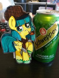 Size: 768x1024 | Tagged: safe, artist:gingerale, artist:gingerale2016, oc, oc only, oc:ginger ale, pegasus, pony, bubble pipe, clothes, female, ginger ale, hat, irl, paper child, photo, pipe, raised hoof, scarf, schweppes, smiling, soap bubble, traditional art