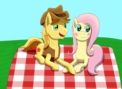 Size: 2512x1824 | Tagged: safe, artist:allonsbro, braeburn, fluttershy, g4, blushing, male, ship:braeshy, shipping, straight