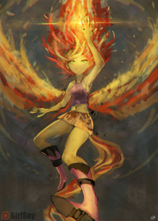 Size: 1143x1600 | Tagged: safe, artist:girlsay, sunset shimmer, human, equestria girls, g4, armpits, bare shoulders, belly button, boots, clothes, female, fiery shimmer, fire, glowing hands, halter top, humanized, midriff, miniskirt, patreon, patreon logo, skirt, sleeveless, solo, sunset phoenix, tailed humanization, winged humanization