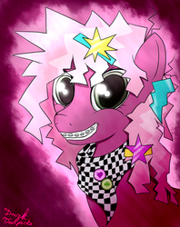 Size: 880x1110 | Tagged: safe, artist:darkvulpes, cheerilee, earth pony, pony, g4, 80s, 80s cheerilee, bandana, barrette, braces, female, grin, smiling, solo, younger