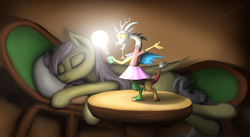 Size: 2999x1644 | Tagged: safe, artist:vladimir-olegovych, angel bunny, fluttershy, pegasus, pony, g4, couch, discord lamp, eyes closed, lamp, lightbulb, sleeping