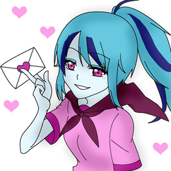 Size: 900x900 | Tagged: safe, artist:theodrawsforyou, sonata dusk, equestria girls, g4, ayano aishi, blushing, clothes, female, heart, letter, sailor uniform, school uniform, solo, uniform, yandere simulator, yanderedev