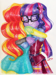 Size: 712x960 | Tagged: safe, artist:antych, sci-twi, sunset shimmer, twilight sparkle, equestria girls, g4, cute, duo, eyes closed, hug, smiling, traditional art