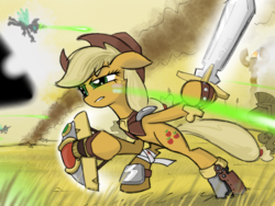 Size: 2048x1536 | Tagged: safe, artist:qzygugu, part of a set, applejack, changeling, g4, armor, bandage, fight, frown, hoof hold, shield, squint, sword, weapon