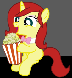 Size: 814x889 | Tagged: safe, artist:thefanficfanpony, oc, oc only, oc:licorice whip, pony, unicorn, base used, food, offspring, open mouth, parent:flam, parent:fluttershy, parents:flamshy, popcorn, sitting, smiling, solo