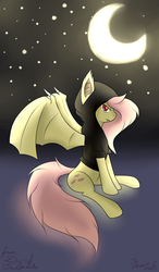 Size: 1400x2400 | Tagged: safe, artist:darkvulpes, fluttershy, bat pony, pony, g4, clothes, crescent moon, female, flutterbat, hoodie, looking at you, moon, night, race swap, solo