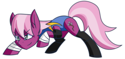 Size: 1024x489 | Tagged: safe, artist:themechagiraffe, idw, cherry blossom (g4), g4, alternate clothes, boots, elbow pads, grin, leotard, smiling, smirk, solo, spandex, tape