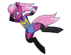 Size: 2600x2000 | Tagged: safe, alternate version, artist:themechagiraffe, idw, cherry blossom (g4), g4, alternate clothes, boots, both cutie marks, elbow drop, elbow pads, high res, leotard, solo, spandex, tape