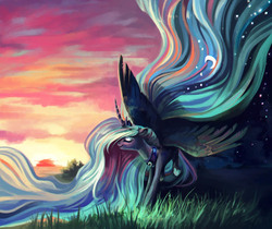 Size: 800x671 | Tagged: safe, artist:dearmary, princess luna, g4, eyes closed, female, impossibly large mane, impossibly long hair, night, solo, spread wings, stars, sunset, twilight (astronomy)