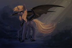 Size: 3000x1999 | Tagged: safe, artist:fly-gray, derpy hooves, alicorn, bat pony, bat pony alicorn, pony, g4, alicornified, alternate cutie mark, bat wings, crepuscular rays, epic derpy, female, nightmare derpy, race swap, solo, spread wings, windswept mane