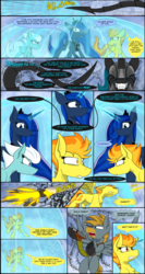 Size: 2560x4800 | Tagged: safe, artist:dangercloseart, fleetfoot, princess luna, queen chrysalis, spitfire, oc, oc:messerschmitt, alicorn, changeling, changeling queen, pegasus, pony, comic:wings of fire, g4, barrier, changeling swarm, comic, female, flying, fusion, magic, male, mare, nightmare, nightmare chrysalis, nightmarified, stallion