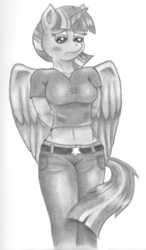 Size: 2000x3416 | Tagged: safe, artist:blankcheckpony, twilight sparkle, alicorn, anthro, g4, belly button, clothes, female, grayscale, high res, midriff, monochrome, sad, short shirt, solo, twilight sparkle (alicorn)