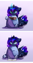 Size: 2419x4543 | Tagged: safe, artist:magnaluna, princess luna, g4, comic, cute, dragon egg, how to train your dragon, reading, surprised