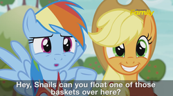 Size: 1909x1069 | Tagged: safe, screencap, applejack, rainbow dash, earth pony, pegasus, pony, buckball season, g4, official, cute, discovery family logo, female, grin, jackabetes, mare, open mouth, preview, smiling, subtitles, trailer