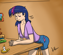 Size: 1280x1118 | Tagged: safe, artist:the-kinetic, twilight sparkle, human, g4, breasts, candle, cleavage, clothes, female, humanized, shorts, solo