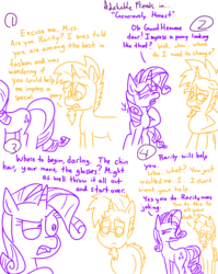 Size: 1280x1611 | Tagged: safe, artist:adorkabletwilightandfriends, rarity, sunburst, pony, unicorn, comic:adorkable twilight and friends, g4, adorkable friends, butt, comic, dialogue, female, lineart, male, mare, ouch, plot, simple background, slice of life, stallion
