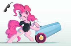 Size: 2000x1283 | Tagged: safe, artist:ncmares, pinkie pie, earth pony, pony, g4, chest fluff, clothes, female, hoodie, mare, one eye closed, party cannon, smiling, solo, sunglasses