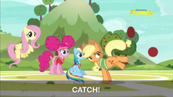 Size: 1598x899 | Tagged: safe, screencap, applejack, fluttershy, pinkie pie, rainbow dash, earth pony, pegasus, pony, buckball season, g4, official, bottomless, clothes, discovery family logo, partial nudity, pinktails pie, subtitles