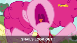 Size: 1599x899 | Tagged: safe, screencap, pinkie pie, earth pony, pony, buckball season, g4, official, discovery family logo, flailing, nose in the air, pinktails pie, screaming, subtitles, volumetric mouth