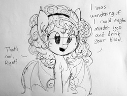 Size: 1280x972 | Tagged: safe, artist:tjpones, oc, oc only, bat pony, pony, vampire, vampony, adoracreepy, black and white, bronybait, chest fluff, creepy, cute, dialogue, grayscale, lineart, looking at you, monochrome, question, solo, talking to viewer, this will end in death, this will end in murder, traditional art