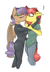 Size: 1216x1744 | Tagged: safe, artist:marsminer, oc, oc only, anthro, catsuit, female, kissing, lesbian, mare