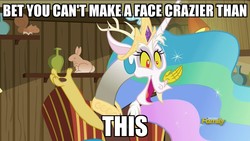 Size: 1920x1080 | Tagged: safe, edit, edited screencap, screencap, discord, princess celestia, dungeons and discords, g4, caption, discord's celestia face, image macro, meme