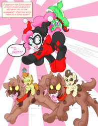 Size: 2757x3535 | Tagged: safe, artist:blackbewhite2k7, gummy, pinkie pie, pound cake, pumpkin cake, earth pony, hyena, pony, g4, ask, baby, baby pony, babysitting, batman, bud and lou, cake twins, harley quinn, high res, irresponsible, race, riding, tumblr