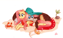 Size: 1672x1000 | Tagged: safe, artist:praysforaprankster, discord, fluttershy, crab, draconequus, pegasus, pony, dungeons and discords, g4, beach, duo, female, hat, male, mare, prone, puerto caballo, ship:discoshy, shipping, straight, sun hat, sunglasses