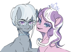Size: 1280x931 | Tagged: safe, artist:co11on-art, diamond tiara, silver spoon, earth pony, pony, g4, colored pupils, duo, eyeshadow, female, glasses, jewelry, looking at you, makeup, mare, necklace, older, older diamond tiara, older silver spoon, simple background, smiling, white background