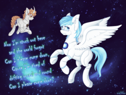 Size: 2000x1510 | Tagged: safe, artist:mailner, pegasus, pony, unicorn, duo, floating heart, heart, ponified, portal (valve), portal 2, song, space, space core, wheatley, zero gravity
