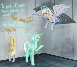 Size: 1900x1649 | Tagged: safe, artist:mailner, derpy hooves, lyra heartstrings, pegasus, pony, g4, crossover, female, food, mare, muffin, portal, portal (valve)