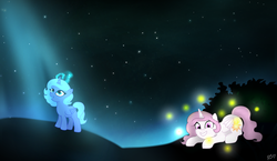 Size: 1324x768 | Tagged: safe, artist:pinkamenascratch, princess celestia, princess luna, alicorn, firefly (insect), pony, g4, cewestia, crepuscular rays, cute, duo, filly, grin, looking up, magic, moonlight, night, open mouth, pink-mane celestia, prone, sky, smiling, squee, stars, woona, younger