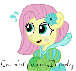 Size: 640x600 | Tagged: safe, artist:ficficponyfic, color edit, edit, edited edit, fluttershy, oc, oc:emerald jewel, colt quest, g4, alternate color palette, clothes, color, colored, colt, crossdressing, dress, eyeshadow, femboy, flower, flower in hair, foal, french, makeup, male, nervous, not fluttershy, recolor, rené magritte, shoes, solo, text, translated in the description, trap
