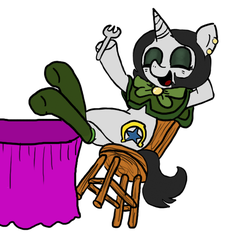 Size: 640x600 | Tagged: safe, artist:ficficponyfic, color edit, edit, oc, oc only, oc:joyride, pony, unicorn, colt quest, bowtie, chair, color, colored, cutie mark, ear piercing, eyeshadow, fork, horn, leaning back in chair, makeup, mantle, piercing