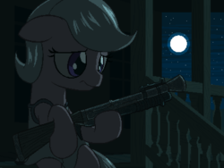 Size: 800x600 | Tagged: safe, artist:rangelost, oc, oc only, oc:plum pudding, earth pony, pony, fallout equestria, fallout equestria: the things we've handed down, fanfic in the description, grenade launcher, gun, moon, moonlight, night, pixel art, porch, sad, solo, weapon, worried