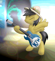 Size: 930x1024 | Tagged: safe, artist:rin nakai, daring do, pegasus, pony, g4, :3, animated, bipedal, electric guitar, eyes closed, female, gif, guitar, happy, hat, huge gif, know your meme, lens flare, missing accessory, musical instrument, solo, the cute master, video at source