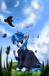 Size: 2425x3763 | Tagged: safe, artist:swoopypoolin, oc, oc only, oc:raylanda, bird, earth pony, pony, cloak, clothes, cloud, grass, high res, jewelry, looking at you, looking back, petals, sky, solo