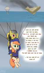 Size: 1200x2000 | Tagged: safe, artist:phallen1, applejack, daring do, oc, oc:colonel maplerum, g4, airship, cavalry stetson, clothes, comic, daringverse, falling, fire, missing accessory, newbie artist training grounds, parachute