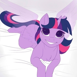 Size: 653x654 | Tagged: source needed, safe, artist:evehly, twilight sparkle, alicorn, pony, g4, bed, cute, fanfic art, fanfic cover, female, prone, solo, twiabetes, twilight sparkle (alicorn), wide eyes