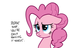 Size: 1000x666 | Tagged: safe, artist:pencils, pinkie pie, g4, context is for the weak, cute, diapinkes, female, floppy ears, frown, looking up, offscreen character, reaction image, sad, simple background, solo, transparent background