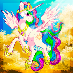 Size: 1500x1500 | Tagged: safe, artist:may-li128, princess celestia, alicorn, pony, g4, crown, female, flying, jewelry, mare, necklace, regalia, solo