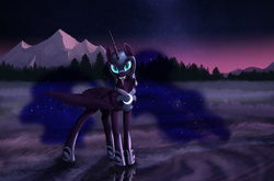 Size: 6807x4480 | Tagged: safe, artist:lunebat, nightmare moon, g4, absurd resolution, armor, fangs, female, fog, forest, lake, long tongue, mountain, solo, tongue out, twilight (astronomy), water