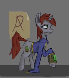 Size: 960x1080 | Tagged: safe, artist:tetrahydra, oc, oc only, oc:littlepip, pony, unicorn, fallout equestria, clothes, fanfic, fanfic art, female, jumpsuit, mare, newbie artist training grounds, pipbuck, solo, vault suit