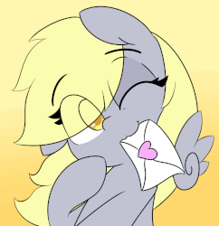 Size: 923x954 | Tagged: safe, artist:lockheart, derpy hooves, pegasus, pony, g4, :3, animated, blinking, chibi, cute, derpabetes, eye clipping through hair, eyebrows, eyebrows visible through hair, female, floating wings, gif, heart, letter, love letter, mare, mouth hold, one eye closed, simple background, smiling, solo, wink, yellow background
