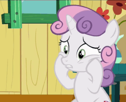 Size: 590x480 | Tagged: safe, edit, edited screencap, screencap, sweetie belle, g4, the fault in our cutie marks, animated, caption, confjused, cutie mark, female, frown, gif, gritted teeth, meme, reaction image, solo, squishy cheeks, text, the cmc's cutie marks, wide eyes